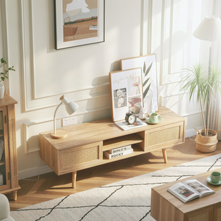 Sunvega Rattan Woven Coffee Table with Sliding Door Storage and Solid Wood Legs