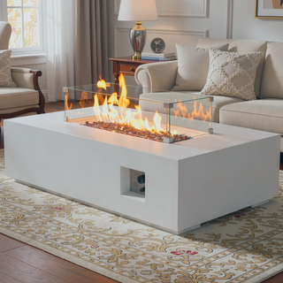 Sunvega 52 Inch Outdoor Concrete Propane Gas Fire Pit Table in Antique White