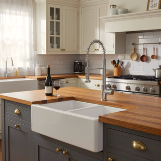 Sunvega 33 Inch White Porcelain Ceramic Farmhouse Kitchen Sink Workstation with Reversible Apron