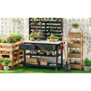 Sunvega Fir Wood Outdoor Potting Bench with Stainless Steel Top and Lockable Wheels
