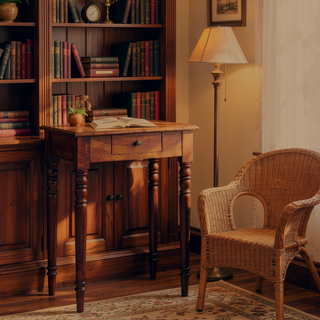 Sunvega Solid Mango Wood Writing Desk with Chestnut Finish and Hand-Carved Flute Legs