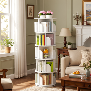 Sunvega 360° Rotating Bookshelf with Wheels and Drawer for Space-Saving Storage