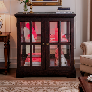 Sunvega Retro LED Curio Display Cabinet with Adjustable Glass Shelves and Magnetic Closure