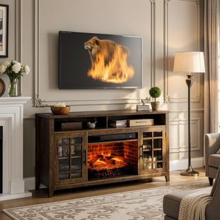 Sunvega Reclaimed Barnwood 55 inch TV Media Stand with Electric Fireplace Heater