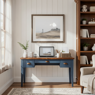 Sunvega Blue Denim and Whiskey Writing Desk with Drawers No Assembly Required