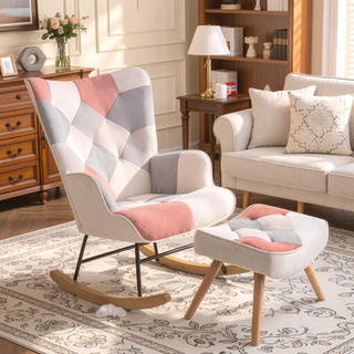 Sunvega Mid Century Patchwork Linen Fabric Rocking Chair with Ottoman for Livingroom Bedroom