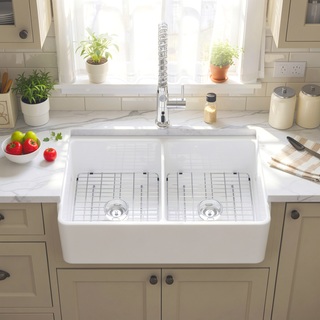Sunvega 33 Inch White Porcelain Ceramic Farmhouse Kitchen Sink Workstation with Reversible Apron