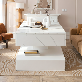 Sunvega Modern Swivel Square Coffee Table with Rotatable Top and Two Drawers