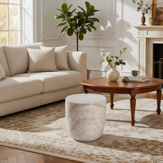 Sunvega Lightweight Concrete Barrel Side Table with Travertine Finish for Indoor Outdoor