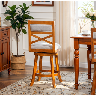 Sunvega 24 Inch Counter Height X-Back Swivel Stool with Beige Fabric Seat and Cherry Finish