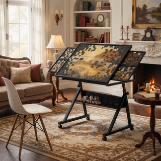 Sunvega Adjustable Height and Angle Puzzle Table with 4 Felt Storage Trays and Wooden Cover