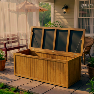 Sunvega 67 Gallon Outdoor Wooden Deck Box with Seat and Table Top
