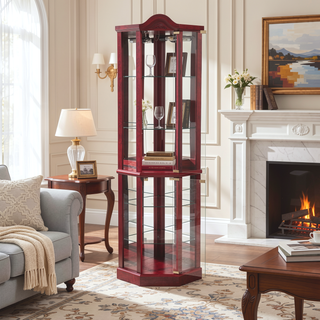 Sunvega Antique Glass Corner Cabinet with Adjustable Shelves and Built-in Light
