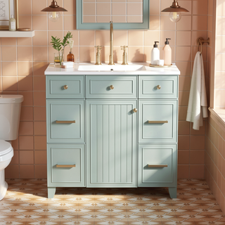 Sunvega 36 inch White Bathroom Vanity with Ceramic Sink and Soft Close Doors