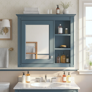 Sunvega Modern Wall Mounted Mirror Cabinet with 3 Open Shelves for Bathroom Storage
