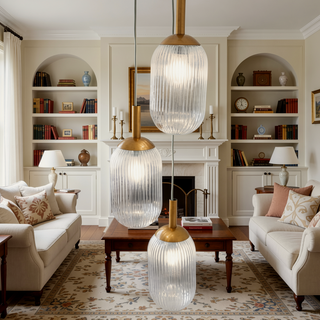 Sunvega Mid-Century Pendant Lamp with Bronze Metal Base and Clear Ribbed Glass Shades