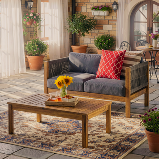 Sunvega Modern Acacia Wood Rattan Loveseat Set with Water-Resistant Cushions