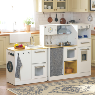 Sunvega Wooden Corner Play Kitchen Set with Sound Effects and Tons of Countertop Space