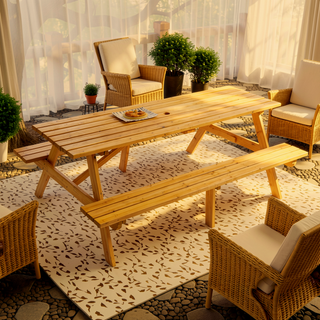 Sunvega Fir Wood Picnic Table with 2 Benches 75 Inch Dining Surface 2220lb Capacity