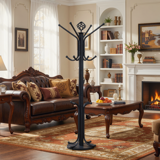 Sunvega Black Metal Coat Rack with Three Tiers of Hooks for Entryways and Mudrooms