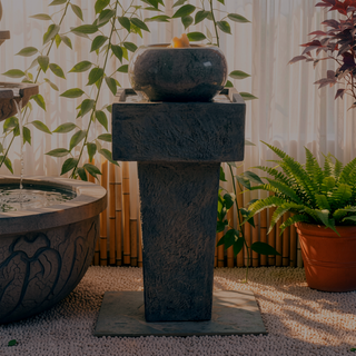 Sunvega LED-Lit Modern Concrete Column Fountain for Patio Porch Oasis
