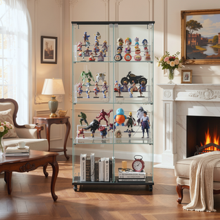 Sunvega 4 Tier Glass Display Cabinet with Lock and Wheels for Living Room