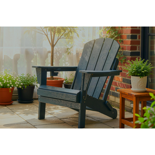 Sunvega Folding Adirondack Chair Set with Wood Texture and Side Table in Navy Blue
