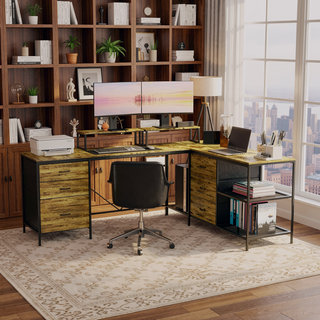 Sunvega 114 Inch Industrial L-Shaped Computer Desk with Power Outlets USB-C and 6 Fabric Drawers
