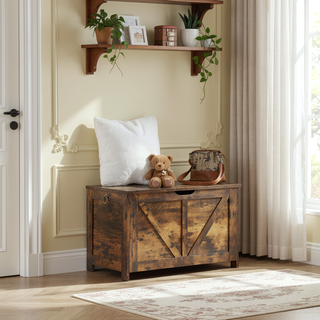 Sunvega Extra Long Rustic Brown Storage Chest with U Shaped Pull for Entryway