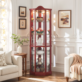 Sunvega Antique Glass Corner Cabinet with Adjustable Shelves and Built-in Light