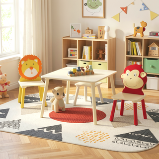 Sunvega Kids Table and 2 Chairs Set Wooden Activity Play Table with Bear and Tiger Design