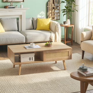 Sunvega Rattan Woven Coffee Table with Sliding Door Storage and Solid Wood Legs