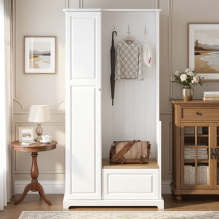 Sunvega Minimalist Hall Tree with Flip-Up Bench and Hanging Hooks for Entryways