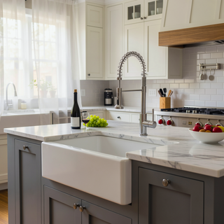 Sunvega 33 Inch White Porcelain Ceramic Farmhouse Kitchen Sink Workstation with Reversible Apron