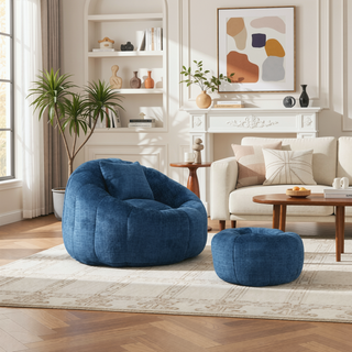 Sunvega Modern Pumpkin Shape Bean Bag Chair with Ottoman for Living Room