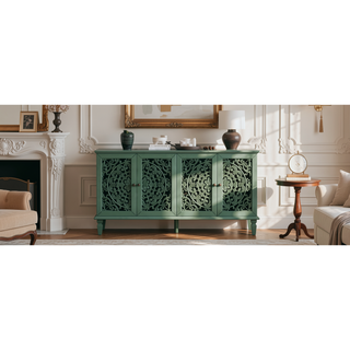 Sunvega Antique Green Buffet Cabinet with Floral Carvings and Solid Wood Legs for Living Room