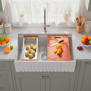 Sunvega 33 Inch White Porcelain Ceramic Farmhouse Kitchen Sink Workstation with Reversible Apron