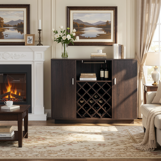 Sunvega Espresso Wooden Frame Wine Cabinet with Stemware Rack and Doors