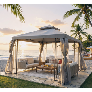 Sunvega Patio Gazebo with Corner Shelves Double Roof Canopy and Mesh Netting
