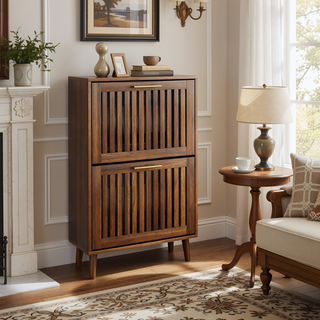 Sunvega Walnut Farmhouse Buffet Cabinet with Louvered Doors and Adjustable Shelves