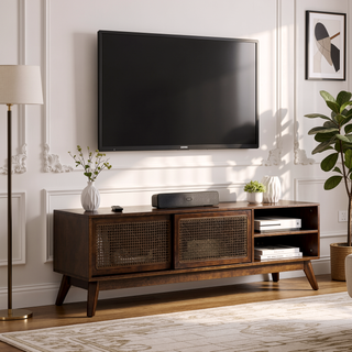 Sunvega Mid Century Modern Rattan Sideboard Cabinet with Adjustable Shelves and Solid Wood Feet