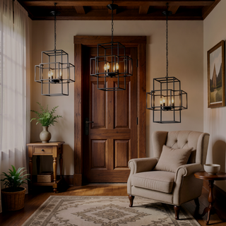 Sunvega Industrial Farmhouse 4-Light Metal Lantern Tiered Pendant Hanging Chandelier