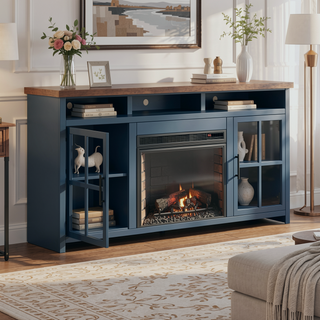 Sunvega Blue Denim and Whiskey Finish Fireplace TV Stand for TVs up to 85 Inches