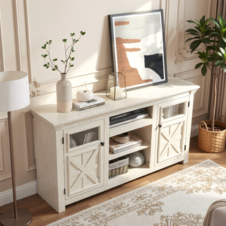 Sunvega Farmhouse TV Stand with 2 Doors and Open Storage for Media Console