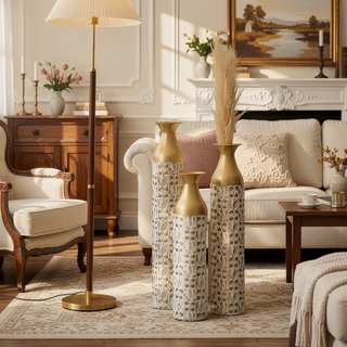 Sunvega Gilded White 3D Relief Flower Metal Cylinder Vase Set for Home Décor