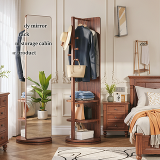 Sunvega 360° Rotating Full Length Mirror with Hook Storage Coat Rack Solid Wood Floor Mirror