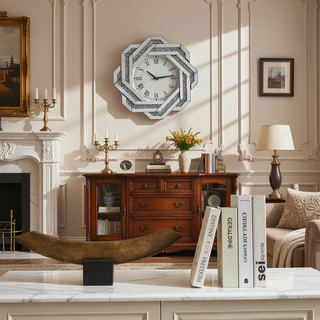 Sunvega Large Silver Mirror Wall Clock with Roman Numerals and Beveled Frame