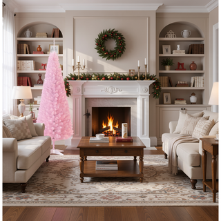 Sunvega Pencil Artificial Xmas Tree with Faux Snow Flocked Full Branch Tips Flame-retardant