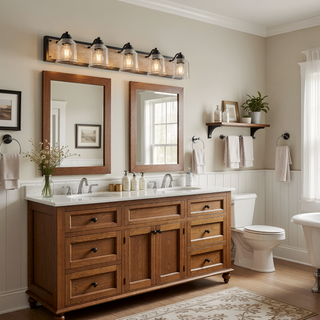 Sunvega Black and Wood Grain 5-Light Bathroom Vanity Fixture with Clear Seeded Glass Shades