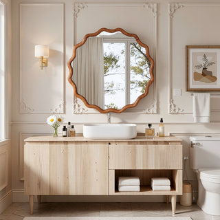 Sunvega Natural Wood Wavy Round Solid Wood Frame Decorative Mirror for Bedroom Bathroom